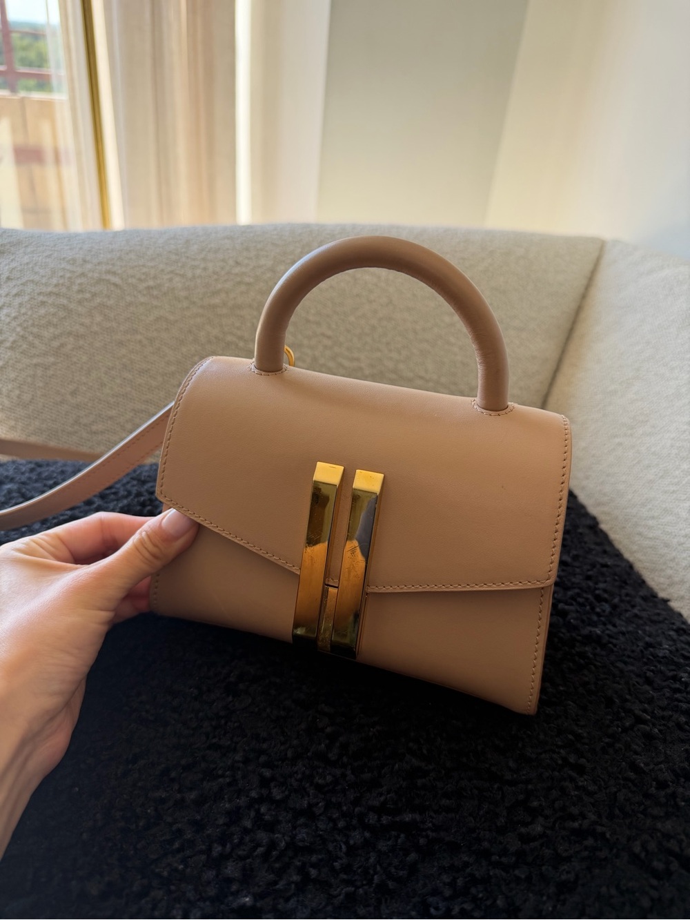 DeMellier Nano Tan Mini Top-Handle crossbody Bag with Gold Hardware